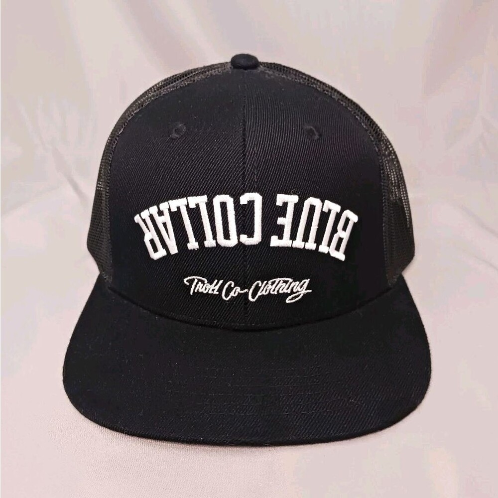 Troll Co SUPPORT BLUE COLLAR Snapback Trucker Mesh Hat Cap Flat Bill Black CLEAN